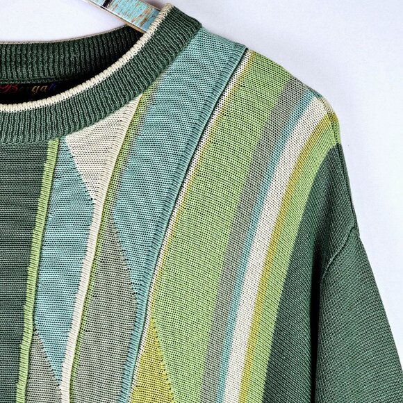 Vintage 1980's Bergati Coogi Style Knit Sweater, Shades of Green, XL, EUC - Picture 3 of 11